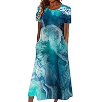 Amazon Deals Summer Dresses for Women 2024 Floral Print Casual Fashion Loose Fit with Short Sleeve Round Neck Pockets Dress Sky Blue Large