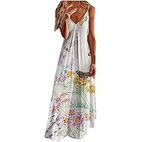 Women's Bohemian V-Neck Glamorous Dress Swing Casual Loose-Fitting Summer Sleeveless Long Floor Maxi Flowy Beach Print White