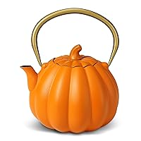 Orange Pumpkin Cast Iron Teapot(40oz/1200ml), Pumpkin color, Creative Pumpkin Tea Kettle with Enamel, Stovetop Safe, 304 Stainless Steel Infuser, Halloween (Orange)