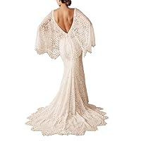 Boho Wedding Dresses for Bride Lace Mermaid Bridal Dress V Neck Cape Sleeve Beach Bohemian Vintage Wedding Gown