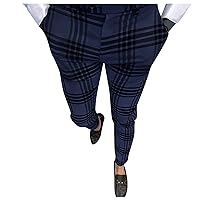 Men's Business Pants Skinny Fit Plaid Flat-Front Stretch Stylish Casual Golf Dress Pants Stretch Pencil Pants