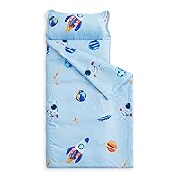 Wake In Cloud - Nap Mat with Removable Pillow for Kids Toddler Boys Girls Daycare Preschool Kindergarten Sleeping Bag, Rockets Space Planet Astronauts on Light Blue, 100% Soft Microfiber