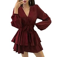 Women's Spring Casual Bubble Long Sleeve Mini Dress V Neck Skate Cocktail Belt Short Formal Dress