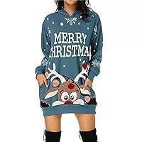Women's Christmas Printed Tunic Dress Casual Knitted Sweater Dresses Hoodies Dress Hooded Sweatshirts Dresses Pocket