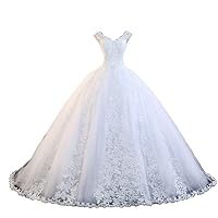 White Ivory Straps Appliques Tulle Wedding Dress Ball Puffy Lace Up Corset Bridal Gown