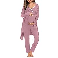 SWOMOG Maternity Nursing Robe Set 3 Piece Breastfeeding Pajamas 3 in 1 Labor Delivery Sleevless Tops&Long Pants Pregnancy Pjs