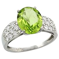 14k White Gold Natural Peridot Ring Oval 10x8mm Diamond Accent, 7/16inch wide, sizes 5 - 10