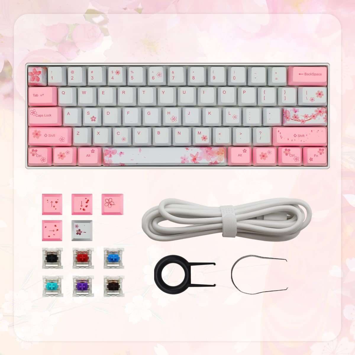 ZMX Mechanical Keyboard Pink Cherry Blossom 61 Keys,Hot Swappable 60％Compact Mechanical 5.0Bluetooth/Type-C Wired Dual-Mode RGB Backlit Dye-Sublimation PBT Keycap Gaming Keyboard(Blue Switch, Pink)