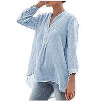 Women's Fall Cotton Linen Tshirt Tops Trendy Vintage Solid Loose Fit Tunic Tees Long Sleeve V Neck Elegant Blouses