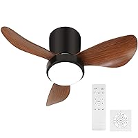 24 inch Ceiling Fan, Ceiling Fans with Lights and Remote, Small Ceiling Fan Reversible for Bedroom, Ceiling Fans with Lights Flush Mount, Use for Indoor/Outdoor Fan【Black & Wood】