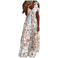 Women's Fashion Summer Printed V-Neck Strapless Short Sleeve Splicing Lace Dress,Cocktail Dresses for Women 2024