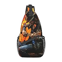 Musical Man Playing Guitar Print Sling Backpack Travel Sling Bag Casual Chest Bag Hiking Daypack Crossbody Bag For Men Women