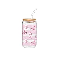 Silver Buffalo Hello Kitty Milk Bottle Toss Glass Tumbler w Bamboo Lid and Glass Straw, 16 Ounces