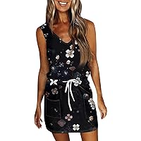 Summer Dresses for Women 2024 Floral Print Casual Fashion with Waistband Sleeveless Pockets Midi Dress