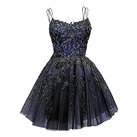 GARDOM Gothic Black Spaghetti Straps Tulle Homecoming Dresses 2024 Short Lace Appliques Prom Dresses for Teens Pockets