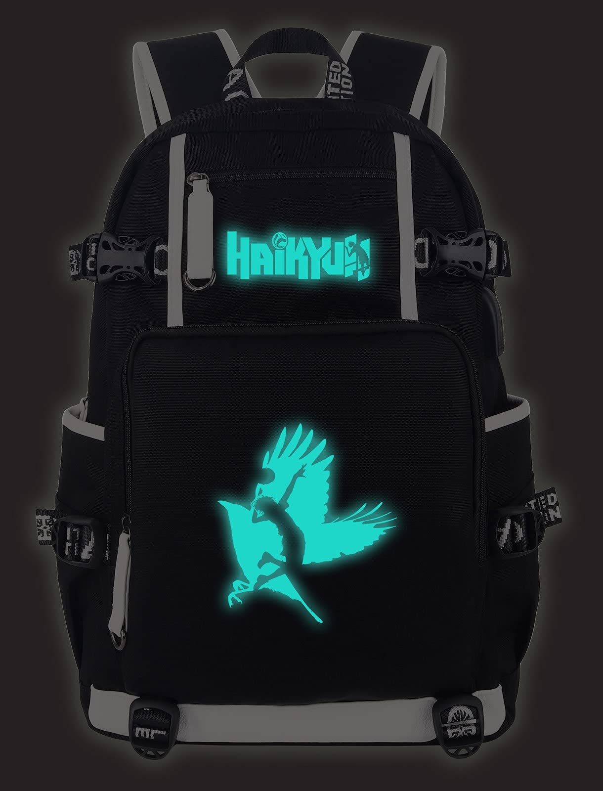 Roffatide Anime Haikyuu Laptop Backpack Printed Luminous Schoolbag Rucksack with USB Charging Port & Headphone Port Black