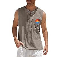 Cotton Linen Tank Top for Mens Shirts Sleeveless Casual Lace Up Hippie Tops Fashion Beach Vacation Shirt