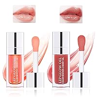 2pcs Hydrating Lip Glow Oil Set Tinted Plumping Lip Care Gloss Balm Big Applicator Clear Transparent Toot Nourishing Non-sticky Moisturizing Glitter Shine Primer for Dry Lip Pink&Rosewood