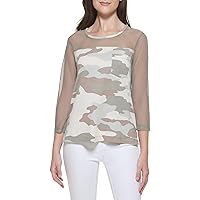 DKNY Women's Camo Chest Pocket Sheer Sportswear Top