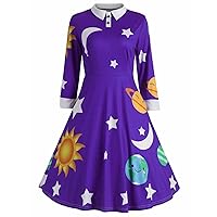 Casual Dresses for Women Fall Fashion 2023 Vintage Collar Planet Print A-Line Flare Party Dress