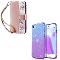 ULAK iPhone 7/8/SE 2020/SE 2nd 3rd Gen 2022 Wallet Case + iPhone 7/8/SE 2nd 3rd Case Clear Glitter Purple