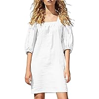 Women's French Square Collar Cotton Linen Dress Five Point Sleeve Puffed Sleeve Casual Dress Beach Dresses