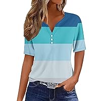 Womens Color Block Short Sleeve Tops Summer Henley Shirts Trendy V Neck Button Down Loose Fit Tunic Blouses