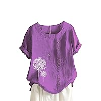 Summer Women Cotton Linen Tshirt Tops Casual Loose Fit Trendy Flowers Tunic Tees Short Sleeve Plus Size Button Blouses