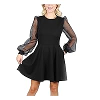 Womens Black Sheer Zippered Balloon Sleeve Jewel Neck Short Fit + Flare Dress Juniors L