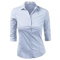 DOUBLJU Classic Dress Shirts 3/4 Sleeve Slim Fit Button Down Y Shirts Basic Casual Work Blouse Tops for Womens with Plus Size