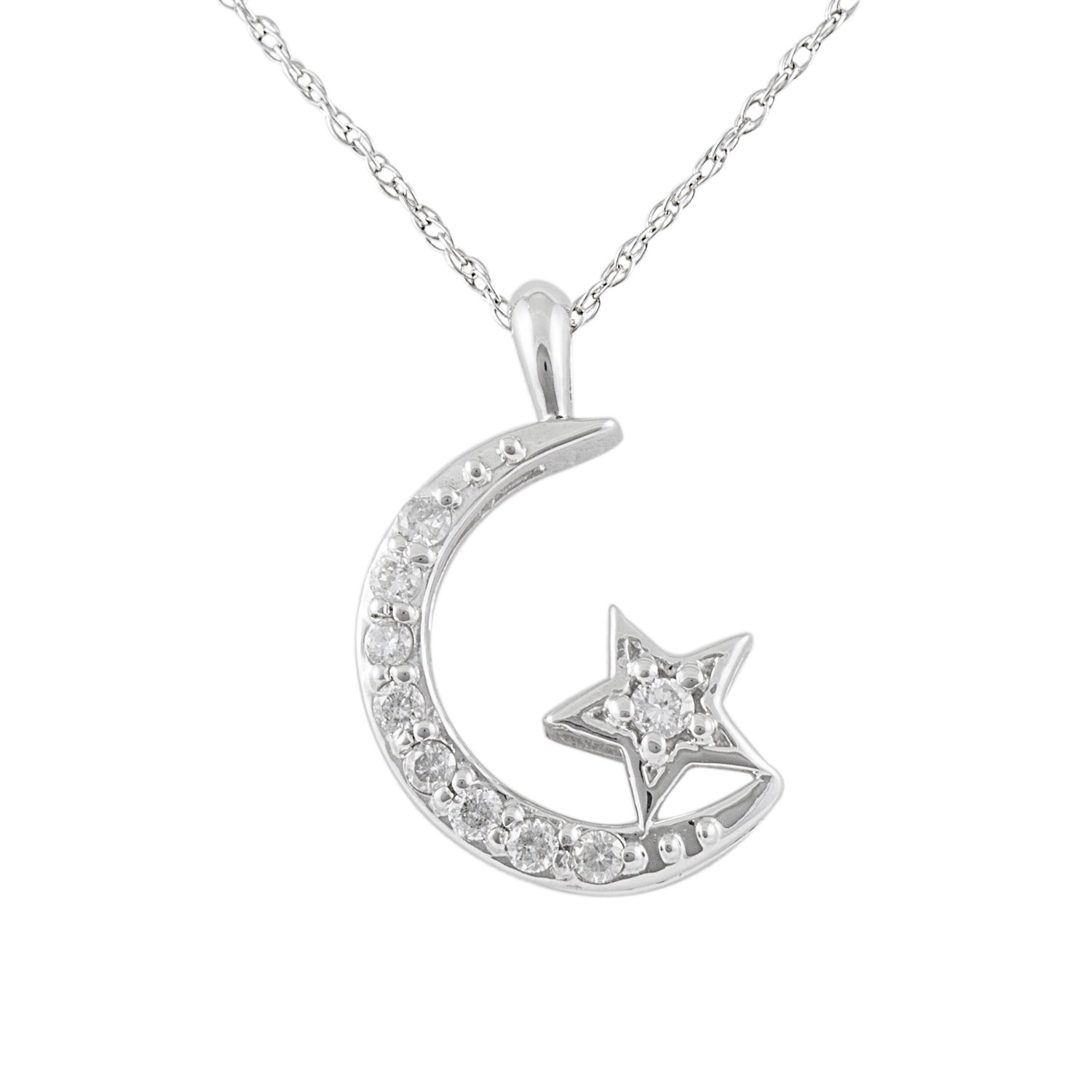 JewelExclusive 10K White Gold 1/10 cttw Natural Round-Cut Diamond (I-J Color, I2-I3 Clarity) Moon and Star Pendant 18