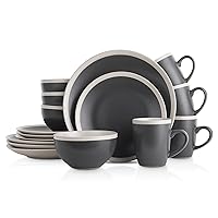 Serenity 16-Piece Stoneware Dinnerware, 2-Tone, Speckles, Dark Gray and Cream,