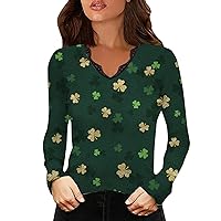 St. Patricks Day Printed Long Sleeve Women Shirts Lace Stitching Tops Casual Pullover Graphic Tees Sweatshirt T-Shirt