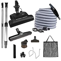 Central Vacuum Carpet Deluxe Accessory Kit, 40ft Dual Voltage hose with pigtail, On-Off Switch at the handle, 6 Adjustable heights Electric carpet beater, 12’’ floor brush and accessories.