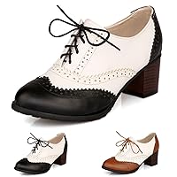 Women's Chunky Heel Lace Up Brogue Oxford Dress Shoes Vintage Leather Block Mid Heel Perforated Wingtip Pumps for Wedding Office Evening