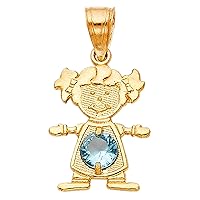 14K Yellow Gold March Birthstone Cubic Zirconia CZ Gilrs Charm Pendant for Necklace or Chain