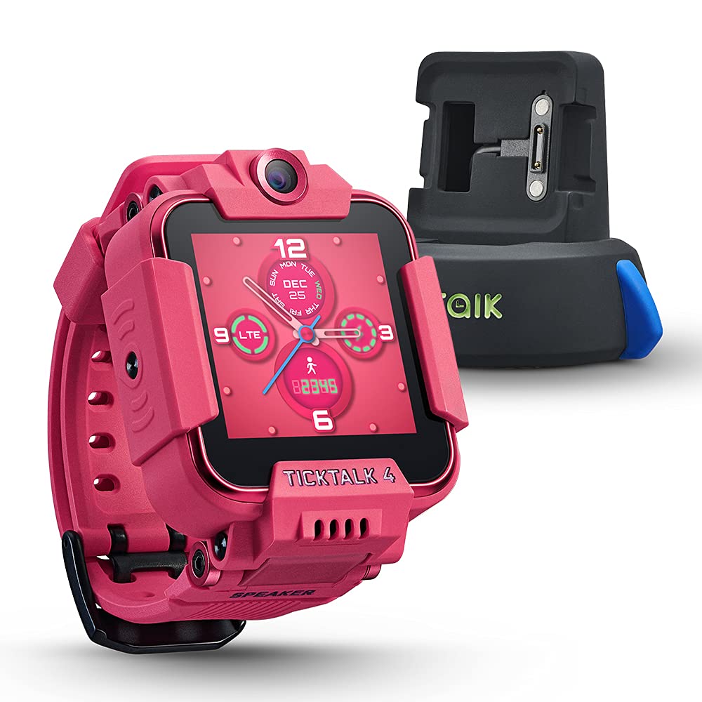 TickTalk 4 Kids Smartwatch with Power Base Bundle (Pink Watch with Red Pocket on T-Mobile's Network)