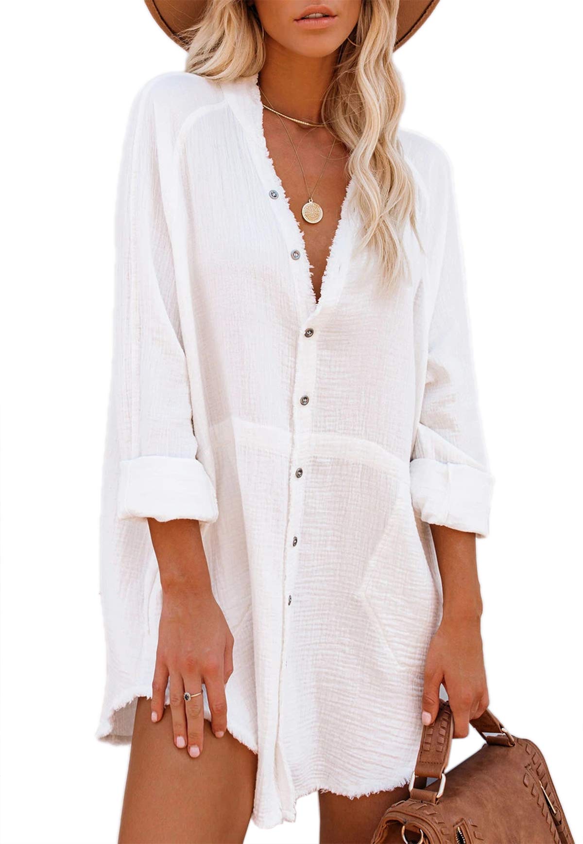 iGENJUN Women's Long Sleeve Beach Cover-ups Button Down Oversized Tunic Dress Shirt Boho Dresses with Pockets
