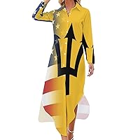 American and Barbados Flag Women's Shirt Dress Long Sleeve Button Down Shirts Dress Casual Loose Maxi Dresses