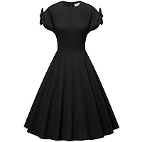 Women’s Casual Cocktail Dress Stretchy Cap Sleeves with Bow Tie Vintage 1950s Party Swing Dresses with Pockets