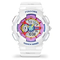 PINDOWS Women's Sports Digital Watch, Waterproof Stopwatch with Dual Display LED Colorful Lights, Alarm Electronic Watch (White)