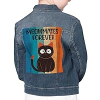 Meowmates Forever Kids' Denim Jacket - Black Cat Print Jean Jacket - Illustration Denim Jacket for Kids