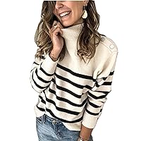 2022 Fall Winter Women’s Long Sleeves Knit Sweater Turtleneck Striped Loose Pullover Tops Deco with Metal Button