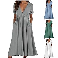 Women's Casual V Neck Short Sleeve Cotton Linen Dress with Pockets Soft Cmofy Midi Holiday Vacation Baggy Sundresses