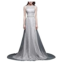 Women's High Neck Lace Beaded Prom Evening Dress