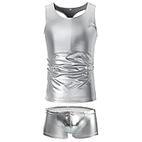Men's Shiny Metallic Leather Look Underwear Muscle Clubwear Tank Tops and Underwear Set