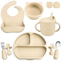 Silicone Baby Feeding Set, Baby Led Weaning Supplies with Suction Bowl Divided Plate, Toddler Self Feeding Dish Set with Spoons Forks Sippy Cup Adjustable Bib, Eating Utensils for 6+ Months(Beige)