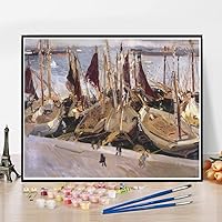 DIY Oil Painting Kit,Boats in The Port Valencia Painting by Joaquin Sorolla Arts Craft for Home Wall Decor