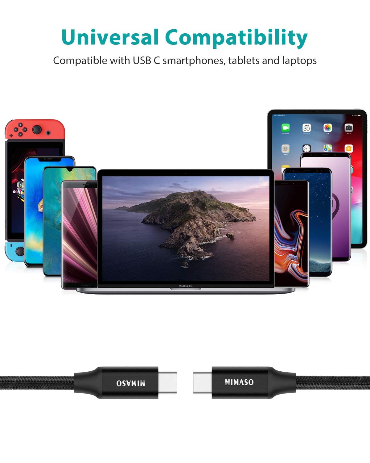NIMASO USB C to USB C 3.1 Gen 2 Cable 10Gbps Data Transfer, 4K Video Output Monitor Cable 100W PD Fast Charging Compatible with Thunderbolt 3, MacBook Pro, iPad Pro, Galaxy S21, Google Pixel - 3.3FT