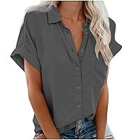Womens Short Sleeve Shirts V Neck Collared Button Down Shirt Tops with Pockets Plain Solid Color Work Blouses